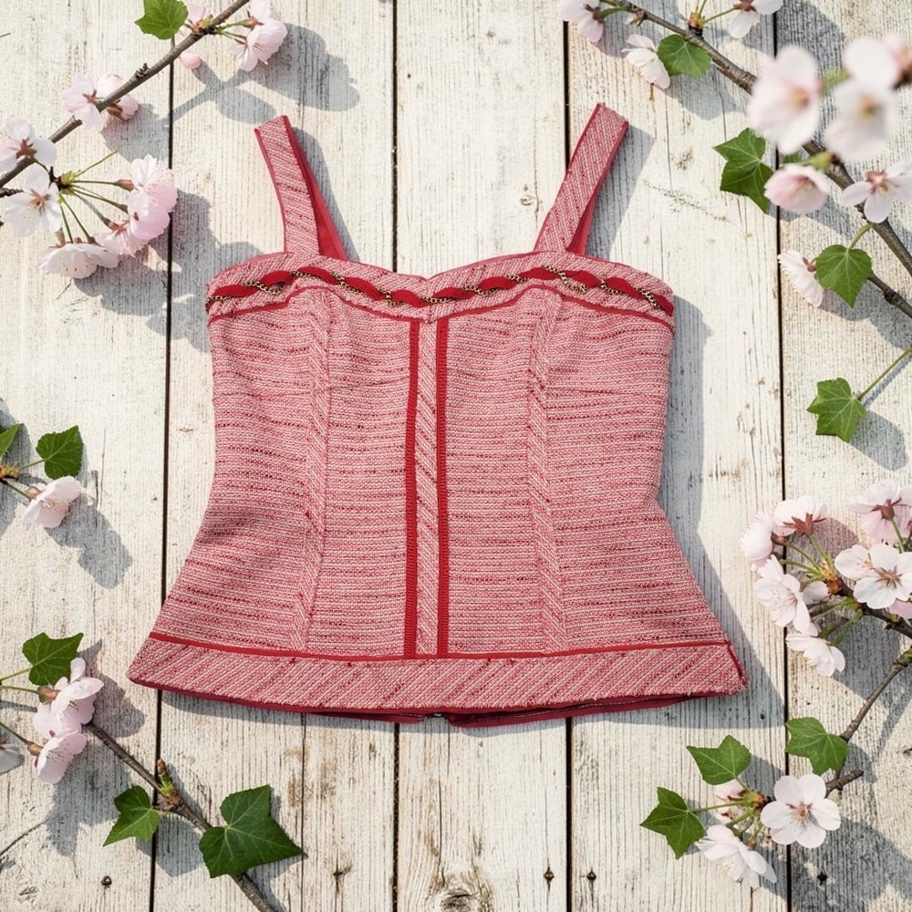 White House Black Market Pink Tweed Corset Top Sweetheart Chain Trim Size 2
